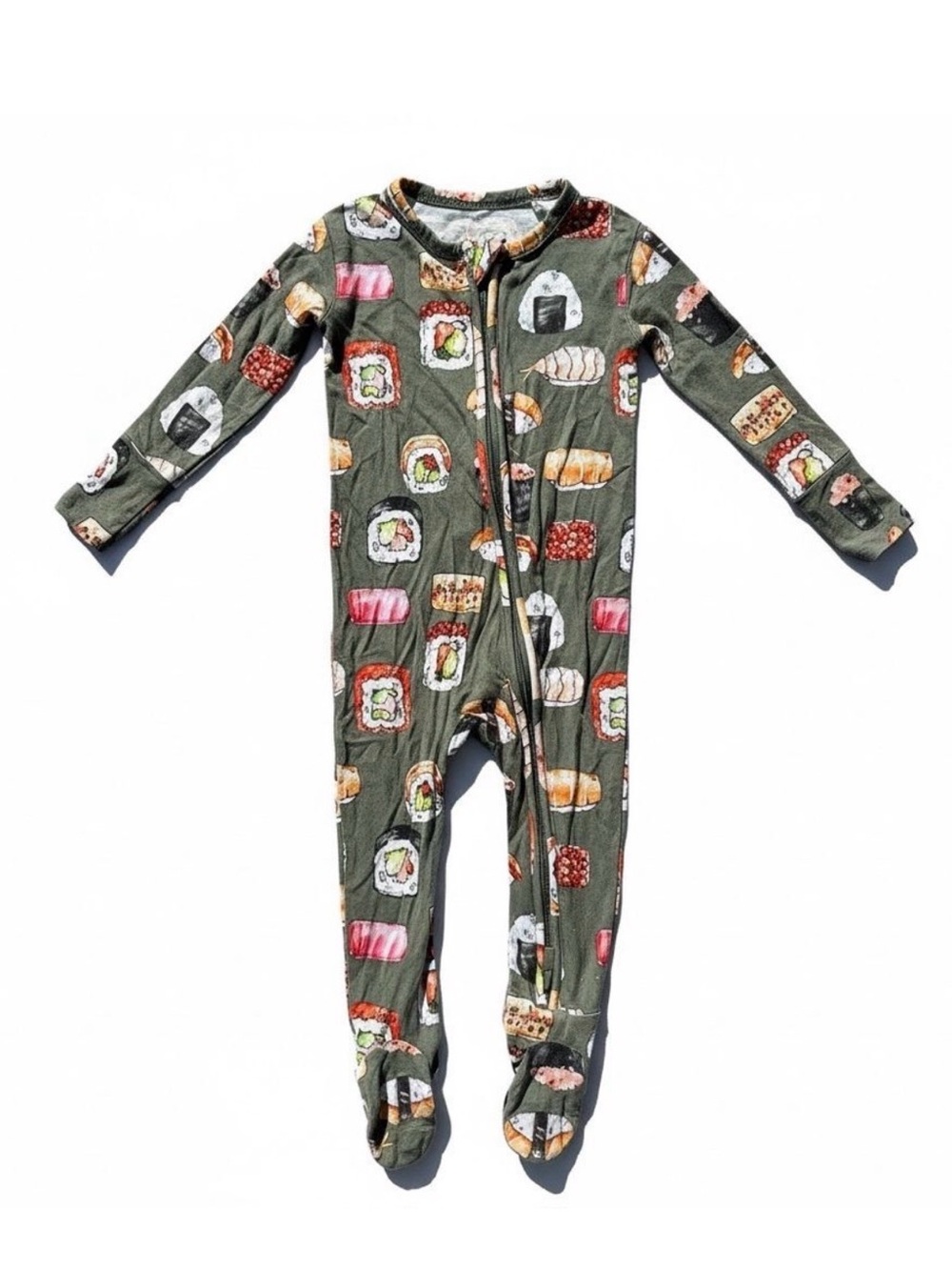 Posh Peanut Olive Green Sushi Print Zipper Footed One-Piece- NWT